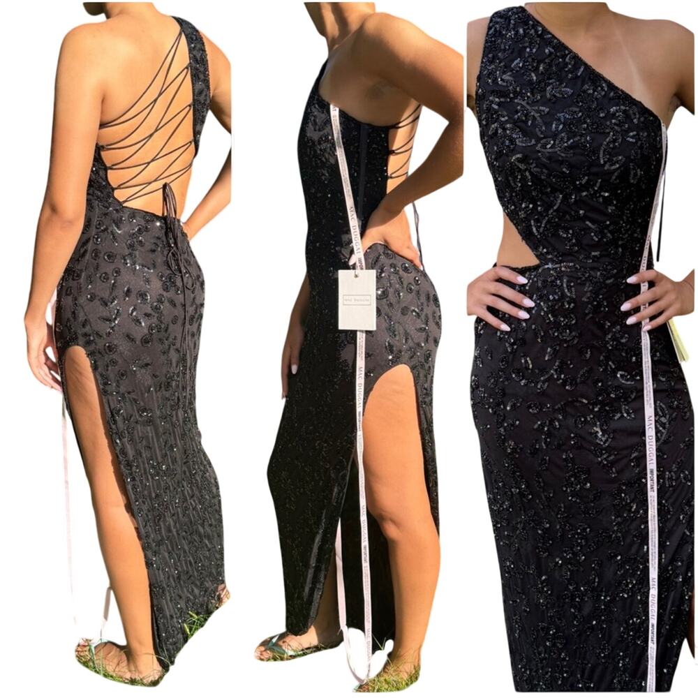 Mac Duggal 6084 Black Strappy One Shoulder Cut Out Sequins Sz8 Prom Gala Wedding - Picture 4 of 4